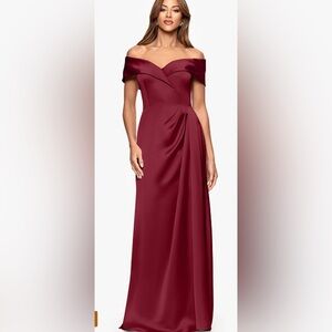 Xscape Burgundy Satin Off-Shoulder Gown